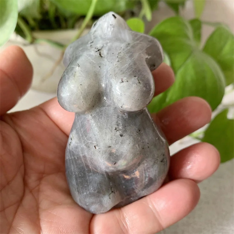

Natural Labradorite Goddess Statue Crystal Carved Woman PlumpTorso Energy Body Sculpture Decorate Gift 1pcs