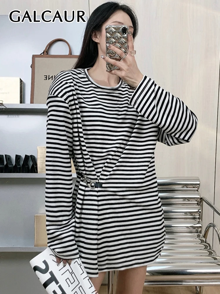 

GALCAUR Casual Striped Cut Out Loose Fashion Sweater For Women Round Neck Long Sleeve Women's Sweaters 2021 Autumn Clothing New