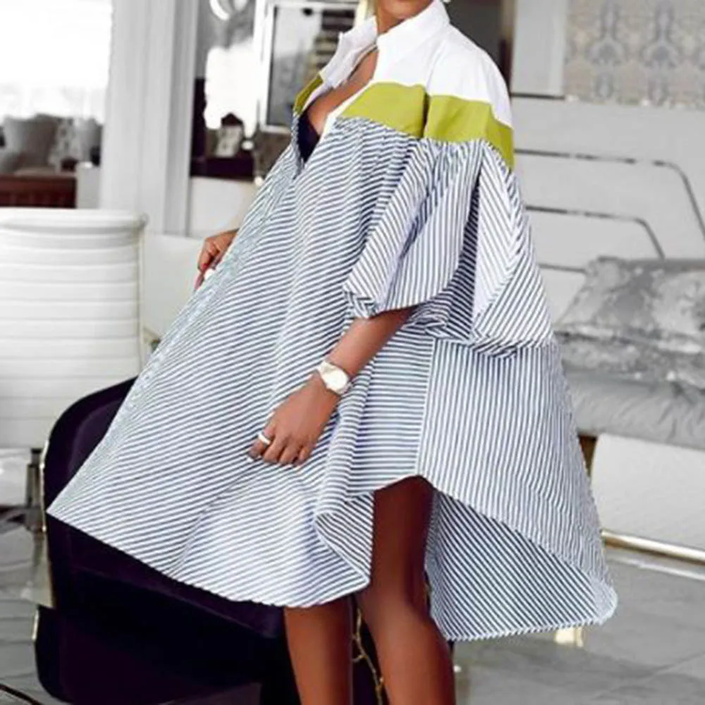 

Casual Women Striped Dress Summer African 2020 Loose Female Midi Dress Robe Femme Vestiods Autumn Shirts Dress