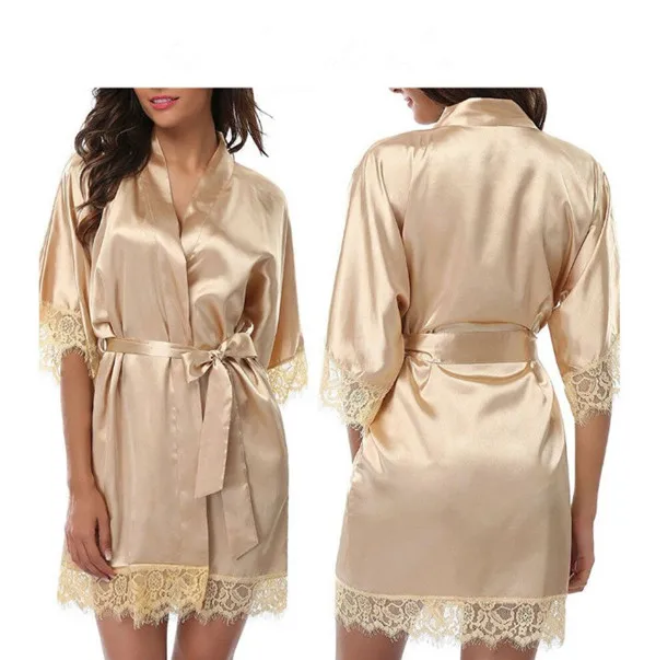 Женские шелковые халаты чистого цвета атласные Короткие кимоно свадебное платье