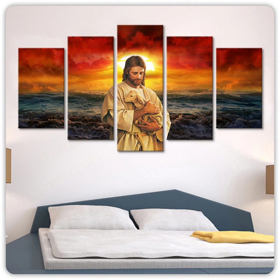 

Home Decor Canvas 5 Pieces Religious Jesus Poster Modern Print Paintings Building Wall Artwork Modular Picture For Living Room
