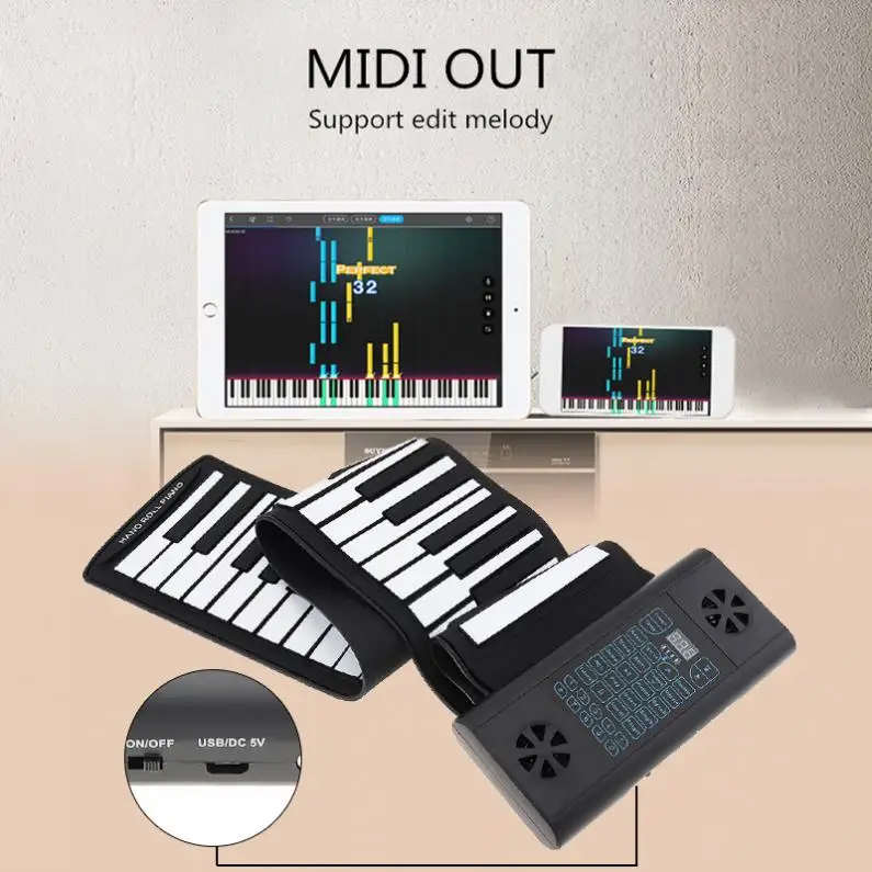61 Keys MIDI Roll Up Electronic Piano Rechargeable Flexible Keyboard Organ Built-in 2 Speaker Support Audio Bluetooth-compatible