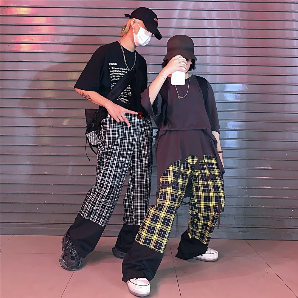 Harajuku брюки унисекс с клетчатым узором свободные длинные женские мужские штаны верхняя одежда Лоскутные Брюки уличная хипстерская осенняя одежда для пар