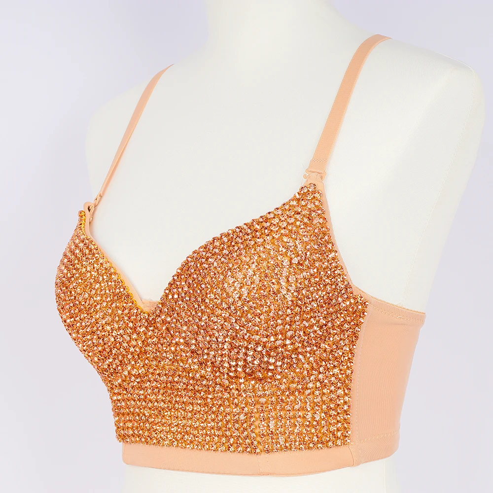 Fashion Sexy Golden Top with Rhinestones Glitter Short Diamond Crop Top for Women Appointment Party Club Clothing 2021