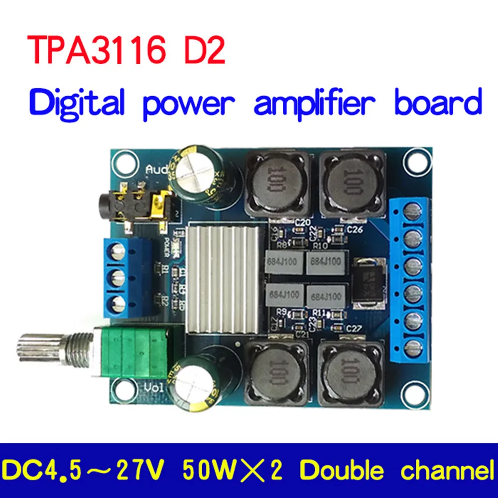 

DC 4.5-27V 50Wx2 TPA3116D2 Dual Channel Digital Power Amplifier Board Two Channel Stereo High Efficiency