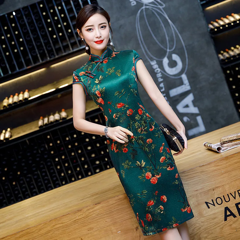Женские красивые китайские Qipao платья Drak зеленые цветы Традиционные вечерние Qi Pao