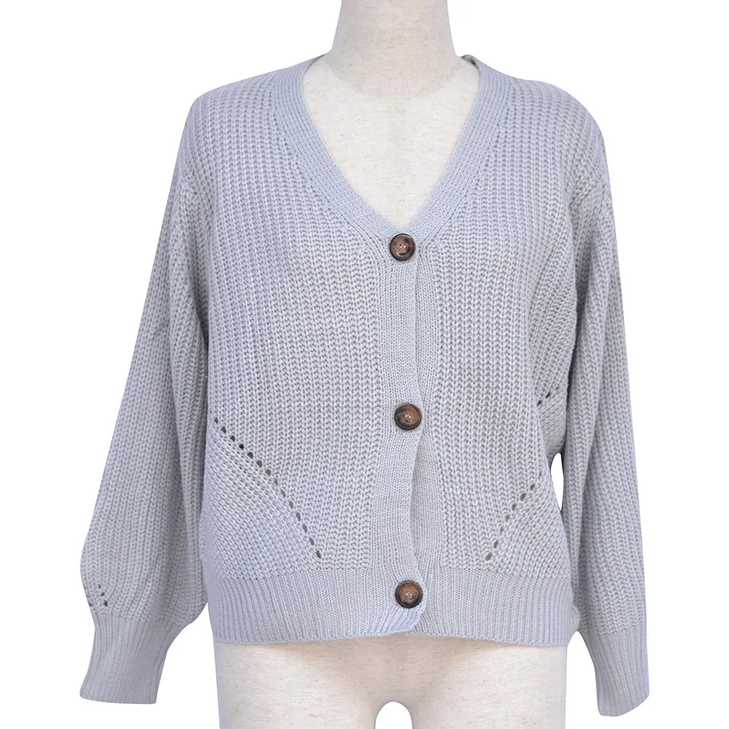 Женский Осенний теплый свитер вязаный мягкий однотонный кардиган с V-образным