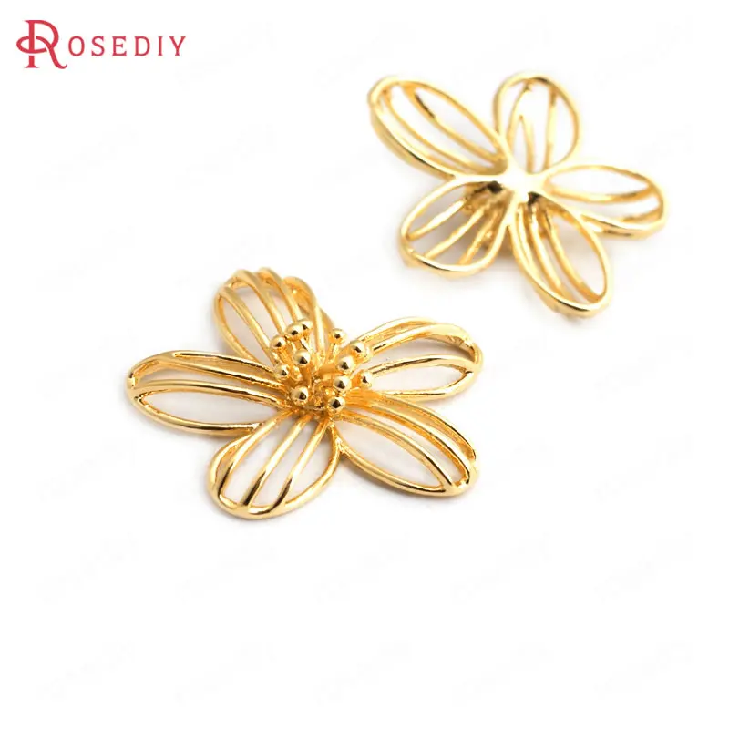 (F146)6 штук 27x25 мм латунные подвески в виде цветка с 24-каратным золотом