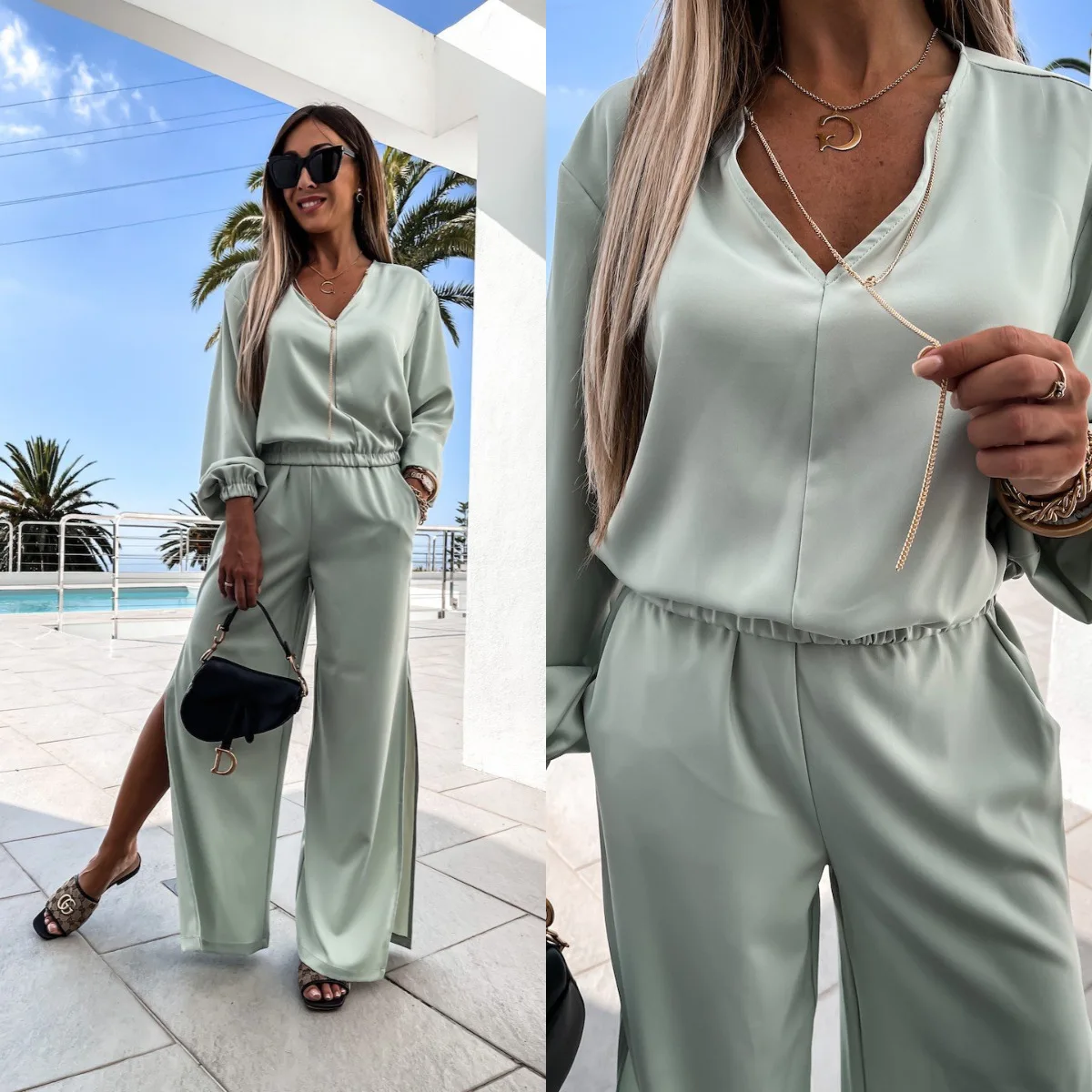 

Women's 2021 Summer New Casual Sports Suit V-neck Long-sleeved Top Wide-leg Split Pants Two-piece Suit Pure Color Fashion Suit