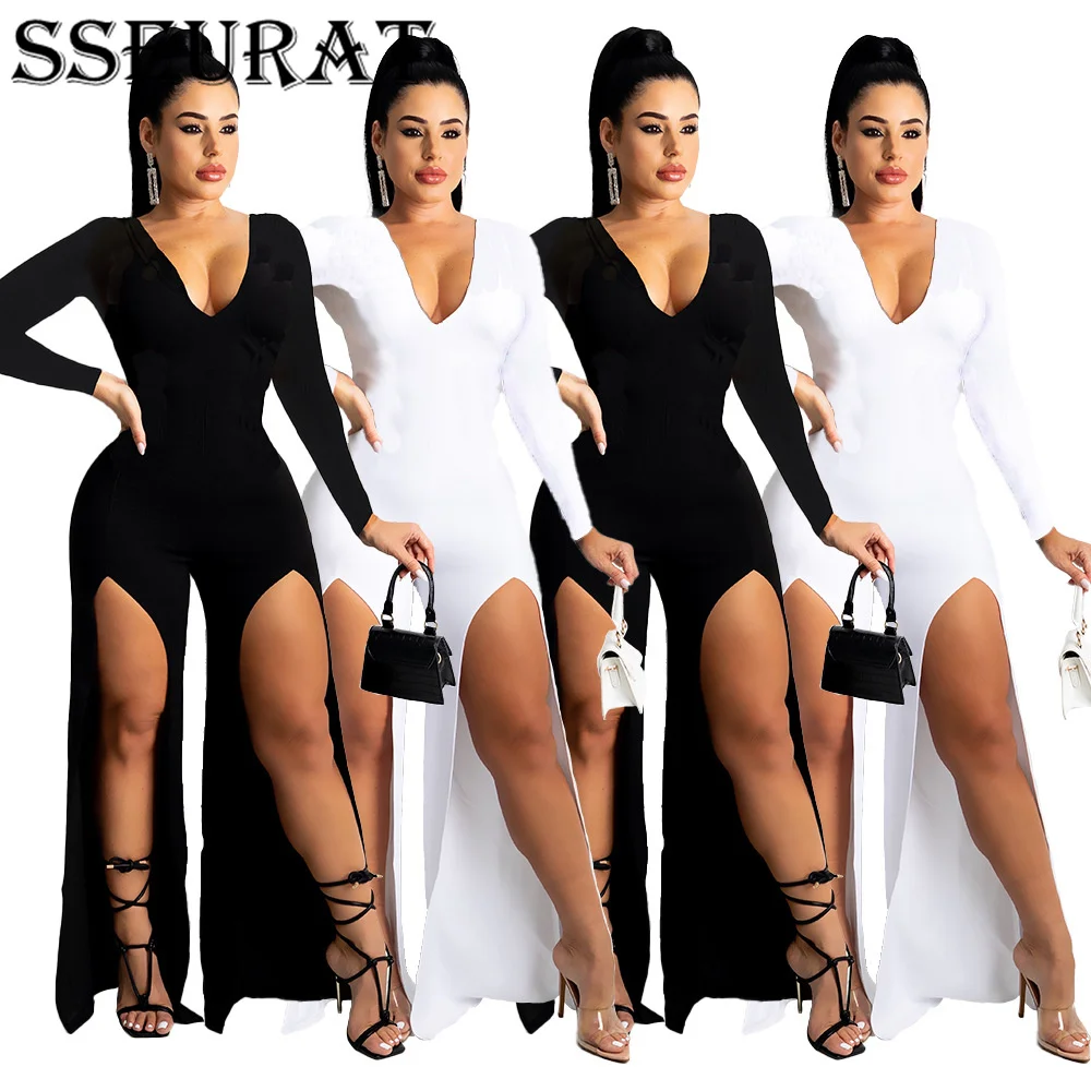 

SSEURAT Women Jumpsuit Solid Full Sleeve V-neck Split Jumpsuits Sexy Club One Piece Overalls Summer