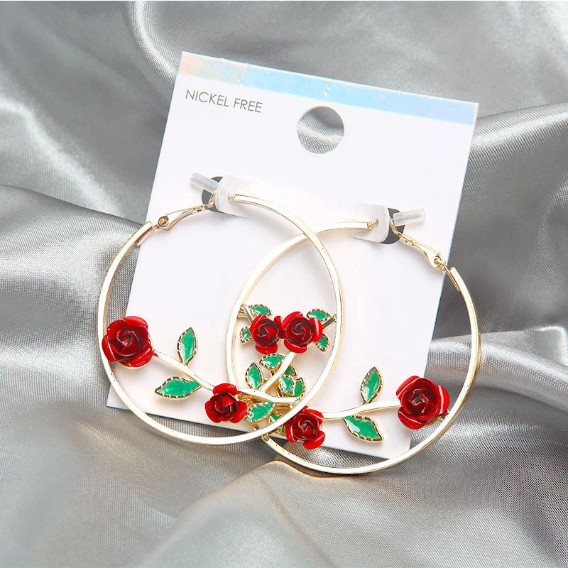 Flower Hoop Earrings For Women Rose Hollow Earrings Women's Accessories Exaggerate Round Fashion Jewelry Trend Wholesale Gift