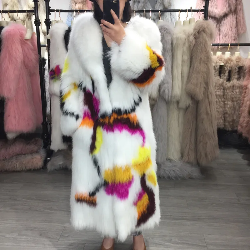 Женская длинная Шуба с капюшоном Длинная вязаная шуба из натурального Лисьего