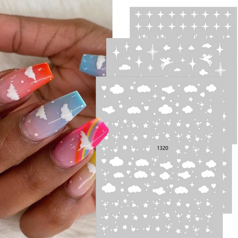 

Наклейки для ногтей с изображением белых облаков, 3D Луны, звезды, сердца, самоклеящиеся наклейки для дизайна ногтей, декоративные наклейки д...