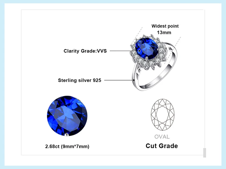 Jewelrypalace Принцесса Диана 3.2 CT создано синий сапфир кольцо стерлингового серебра 925 Обручальные кольца для Для женщин бренд Красивые ювелирные изделия