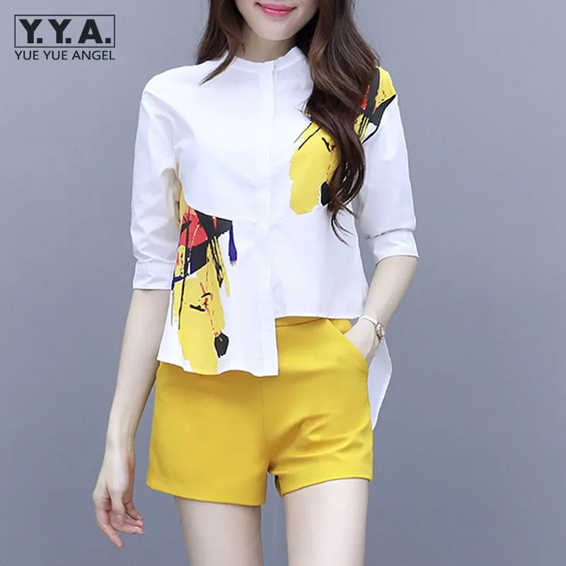 

Женский комплект из двух предметов, рубашка с асимметричным принтом и шорты, милая Дамская блузка с рукавом до локтя, подходящие комплекты, ...