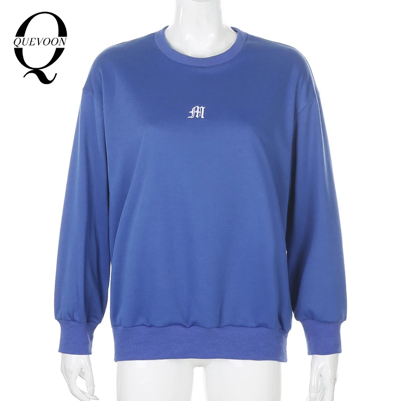 

QUEVOON Solid Embroidery Letter Sweatshirts Oversized Long Sleeve Female Tops Casual Fashion Autumn Winter Womenswear Hoodies