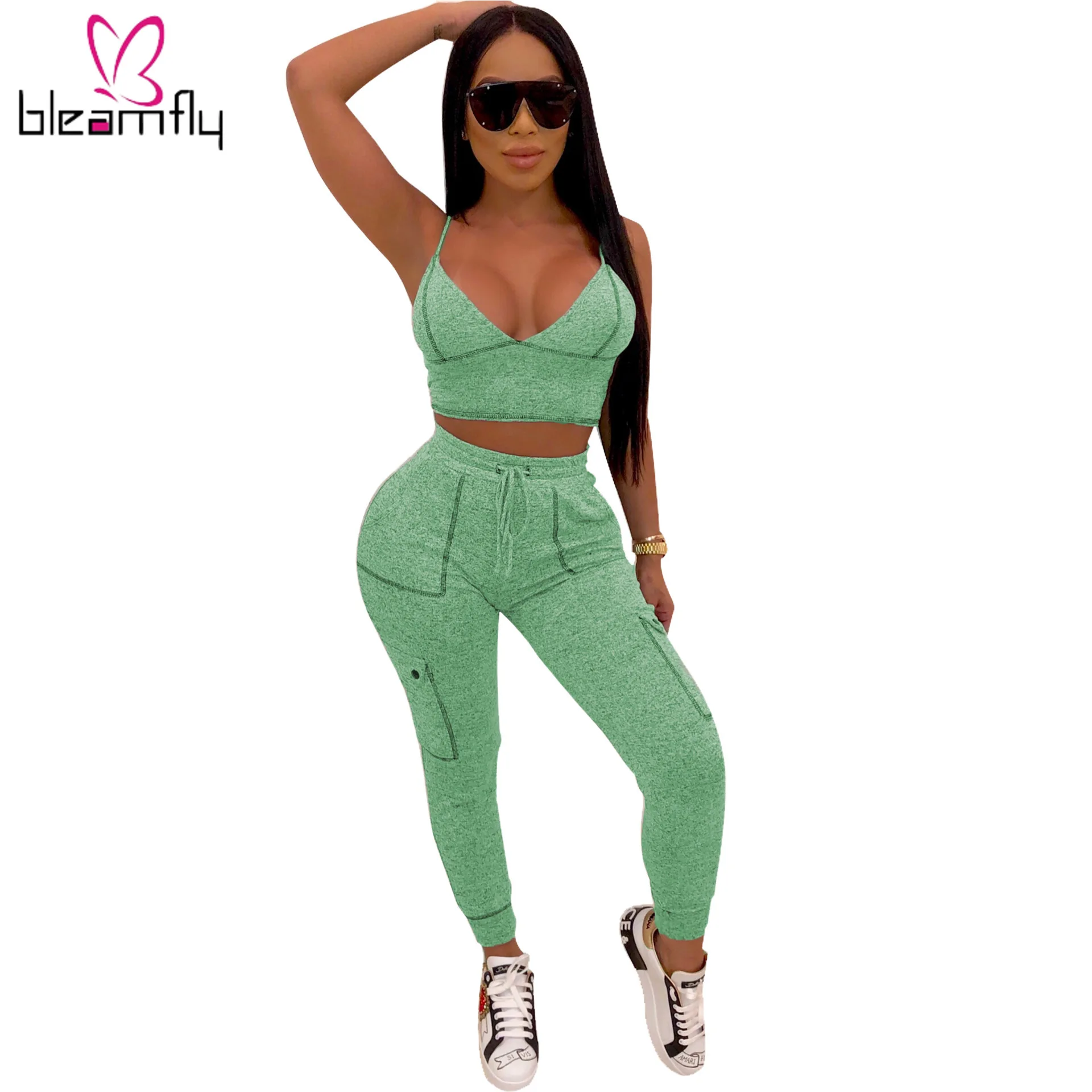 2019 Женский Летний полосатый топ с v образным вырезом и брюки карандаш комплект из