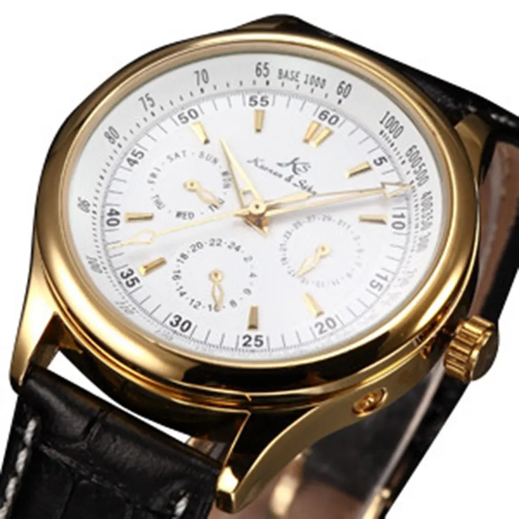 Golden White KS094 Роскошный Бренд KS Автоматические Механические Часы Полный Календарь Дисплей 24 Часа Белый Циферблат Золотой Корпус из Нержавеющей Стали Чёрный Кожаной Ремешок Элегантный Стиль Мужские Официальные Наручные Часы / KS094 - Цвет: Golden White KS094