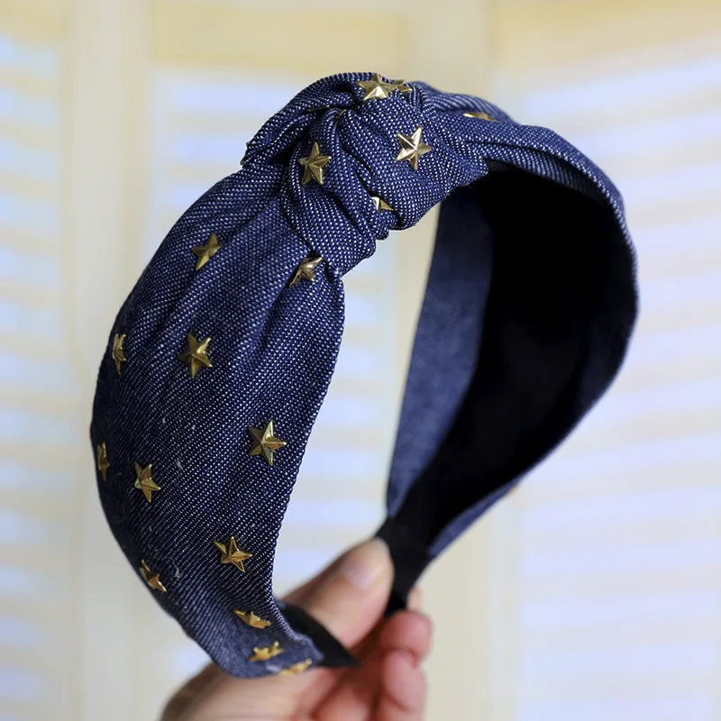 C606 navy Винтажный ювелирный горный хрусталь, джинсовая повязка для волос для женщин, головная повязка в виде чалмы, аксессуары для волос для девочек, бандо - Цвет: C606 navy