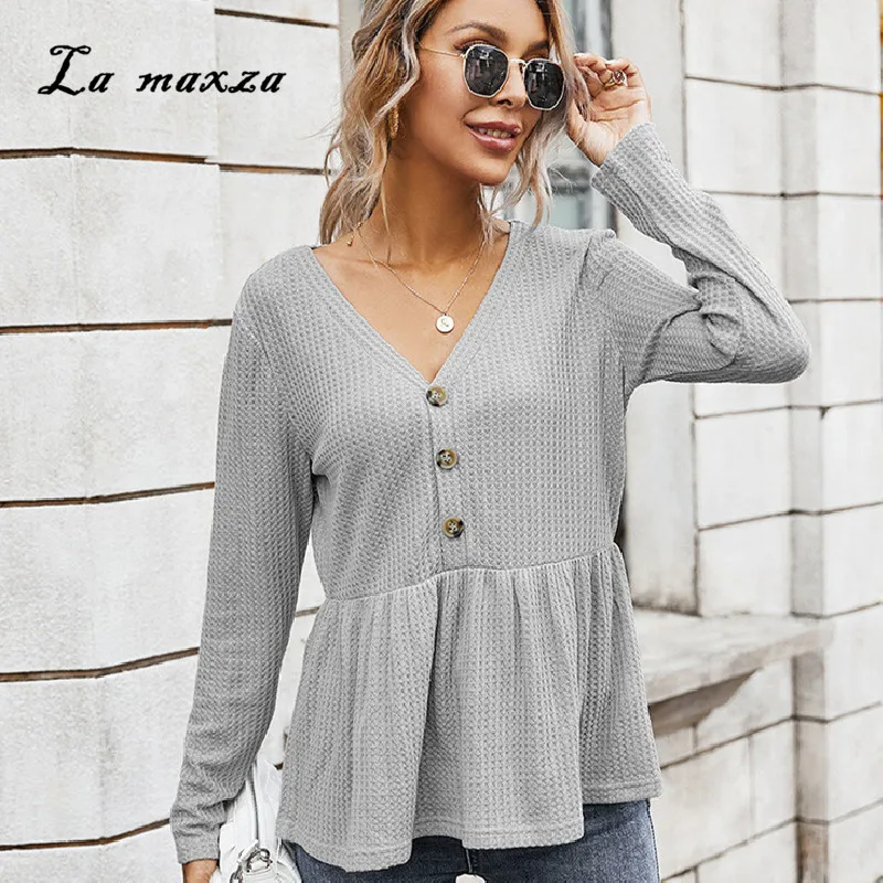 

Новое поступление женские футболки 2020 повседневное элегантное платье с треугольным вырезом и оборками Топы зауженного кроя с однобортный ...