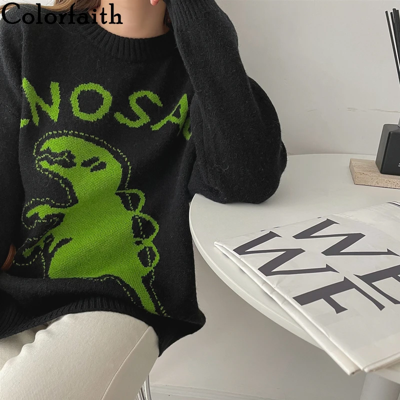 

Colorfaith/Новинка 2021 года; Сезон осень-зима; Женские свитера; Пуловеры с динозавром; Большие размеры; Винтажные модные элегантные женские свитер...