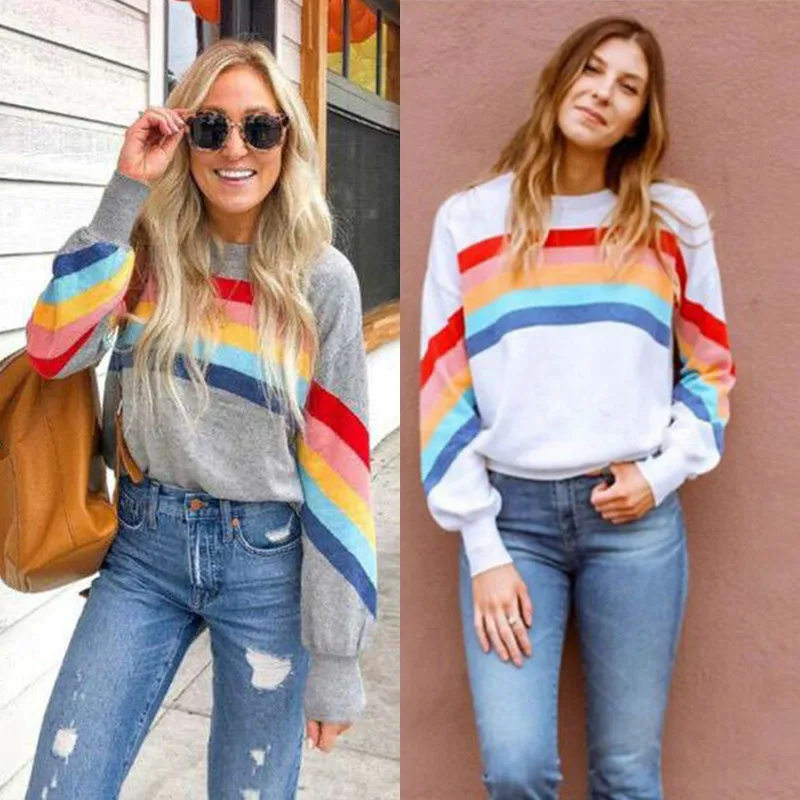 

Rainbow Striped Pullover Womens Top Jumper Long Sleeve Ladies Sweatshirt