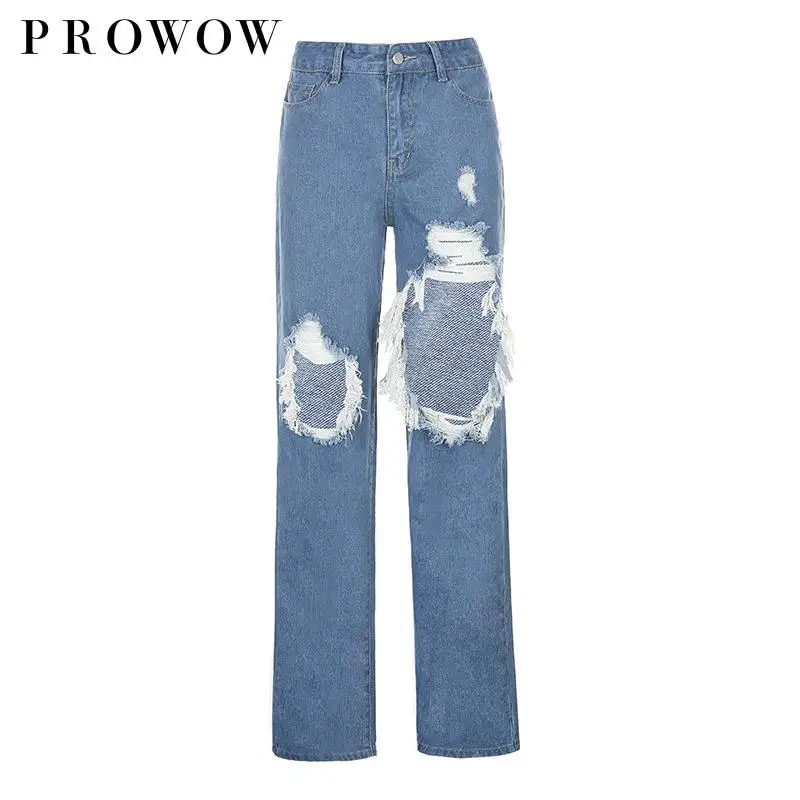 

Prowow 2021 New Street Snap Spice Hole Of Tall Waist Wash Do Old Jeans Early Autumn Show Thin Loose Trousers Female Personality