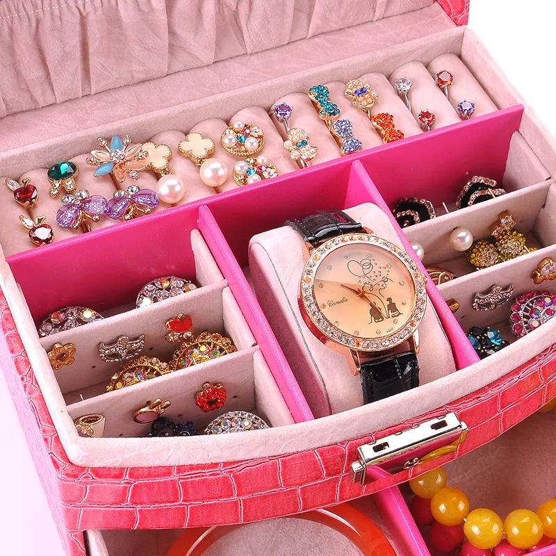 

Mirrored Square Jewelry Organizer Box Two Layers Earring Ring Necklace Storage Case PU Leather Display Holder Women Gift