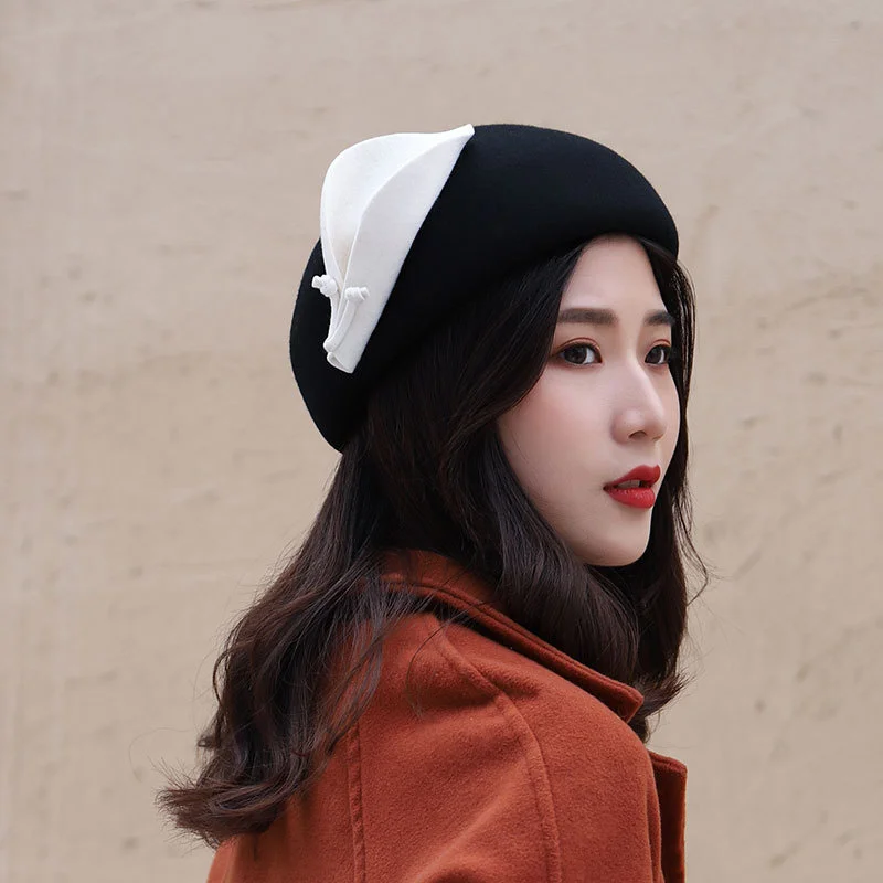 

New Wool Beret Hats For Women Lily Flower Felt Bride Noble Elegant Headdress Fedora Hat Dinner Party Wedding Hats