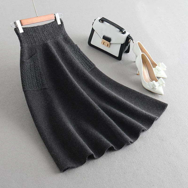 

2020 Spring High Waist Women Autumn Wool Knitting Long Skirts Faldas Jupe Femme Saia Vintage Women Black Skirt With Pocket K414