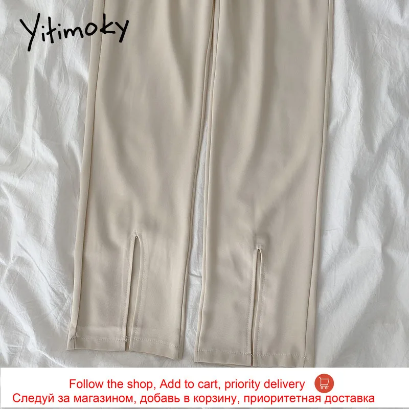 

Yitimoky Women Pants High Waist Slit Wide Leg Pants Plus Size Solid Black Trousers Casual Pockets Summer 2021 New Korean Fashion