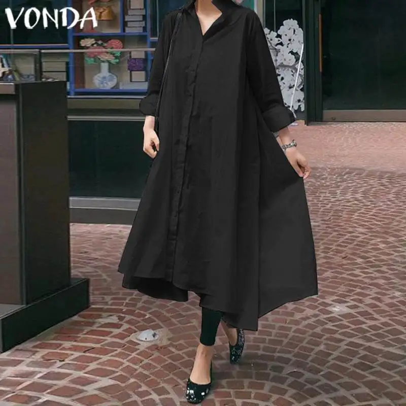 VONDA, женский сарафан, белое сексуальное платье, повседневное, свободное, с отложным воротником, асимметричное платье-рубашка, женское, с разрезом, вечерние, Vestidos 5XL