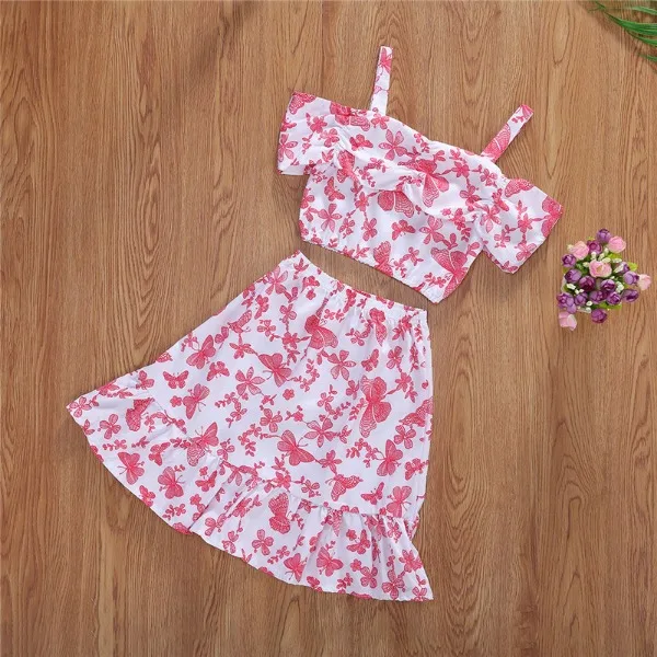 Pudcoco Baby Girl Holiday Casual Clothes Set Off Shoulder Sling Top Ruffle Swing Skirts Printing 2pcs Outfits Kids Children 2-7y | Мать и