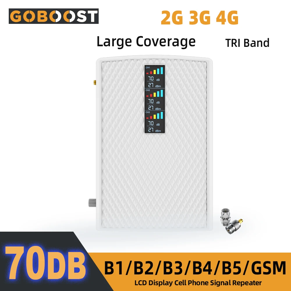 

Трехдиапазонный ретранслятор сотовой связи GOBOOST 4G, усилитель сигнала телефона 850 900 2100 3G GSM 1900, ретранслятор DCS 1700, усилитель сигнала 70 дБ