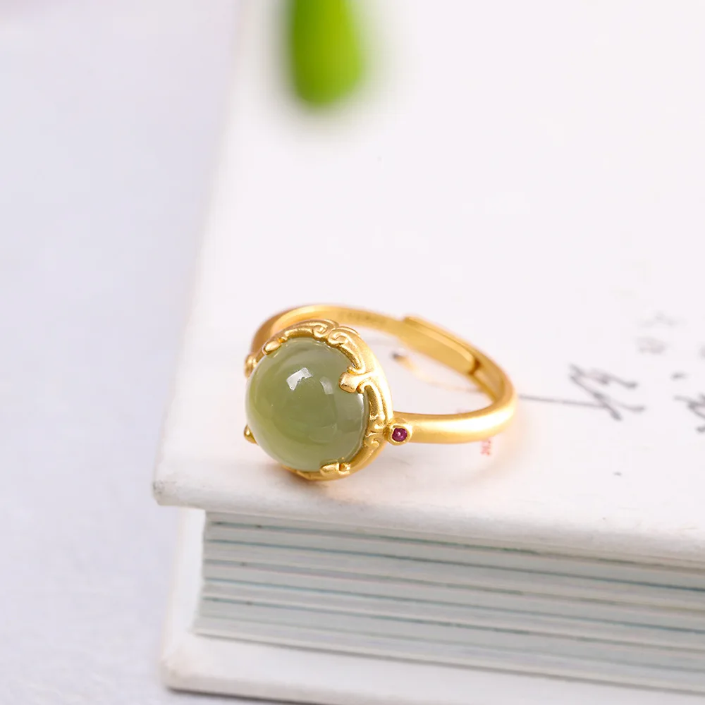 

MetJakt Stylish and Elegant S925 Sterling Silver Gold-Plated Hetian Jasper Women's Open Ring