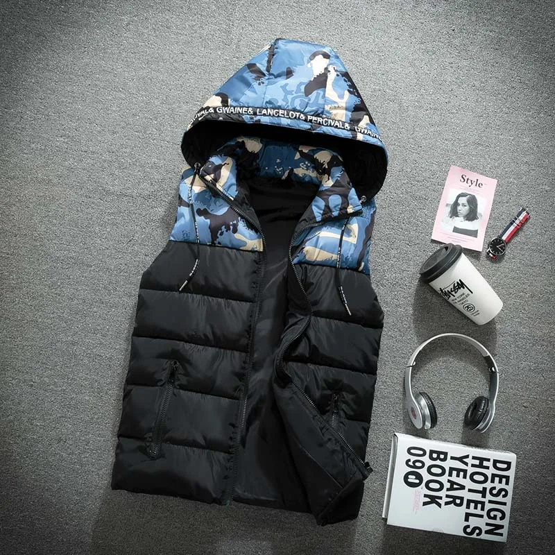 Blue Jacket Зимний хлопковый жилет для мужчин, камуфляж, осень, повседневный мужской классический теплый плотный жилет с капюшоном без рукавов, детский жилет для колледжа - Цвет: Blue Jacket