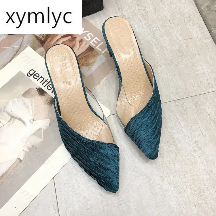 

2021 Mules shoes women kitten heel slides slip on loafers sexy pointed toe stiletto heel comfortable slipper shoes high heels