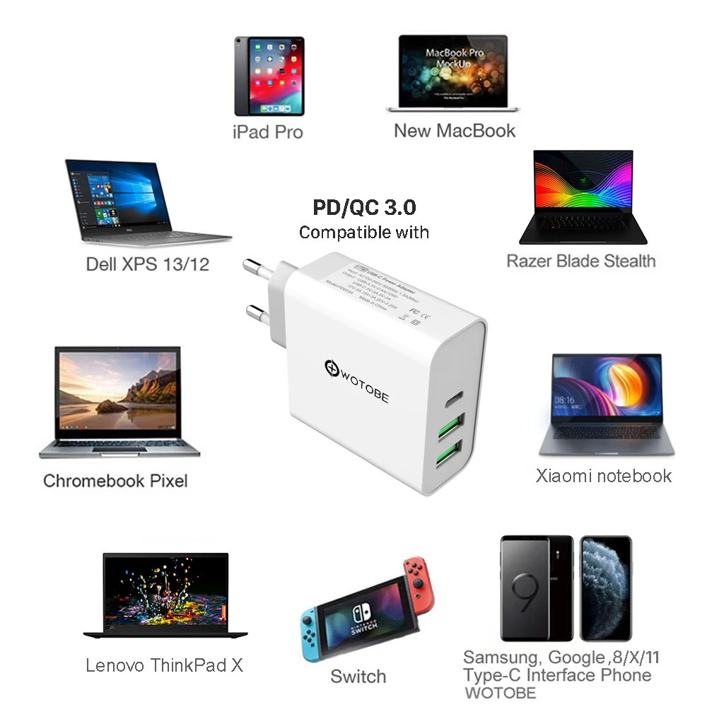 65 Вт TYPE-C USB-C адаптер питания, 1 порт PD60W QC3.0 зарядное устройство для USB-C ноутбуков MacBook Pro/Воздушный iPad Pro, 2 порта USB для samsung iPhone