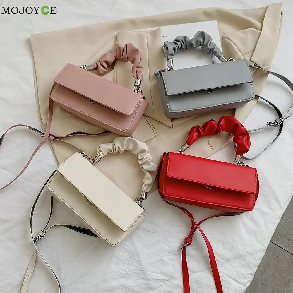 

Designer Small Solid Color Handbag PU Leather Shoulder Bags Ladies Crossbody Bag Pleated Handle Female Travel Pouch