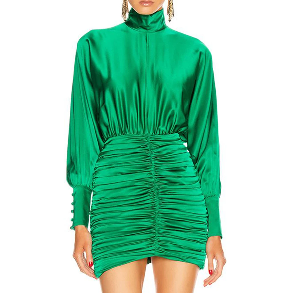 Женское платье с рюшами Ocstrade зеленое облегающее длинными рукавами мини для