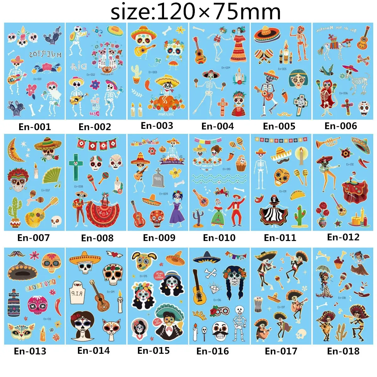 18pcs (En001-En018) Маска временные татуировки наклейки День мертвых череп лицо Хэллоуин вечерние красивые татуировки водонепроницаемый передачи боди-арт - Цвет: 18pcs (En001-En018)