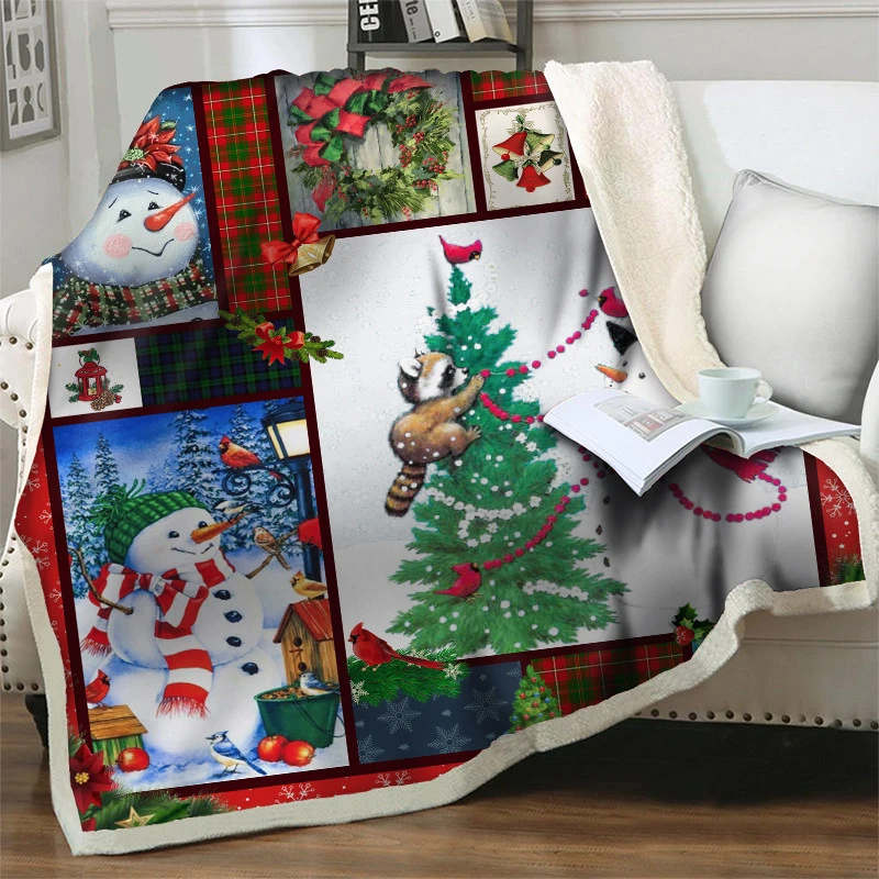 Merry Christmas Tree With Snowman Blanket Plush Throw Sherpa Blanket for Beds Couch Cover Soft Bedding Picnic Travel Nap Blanket