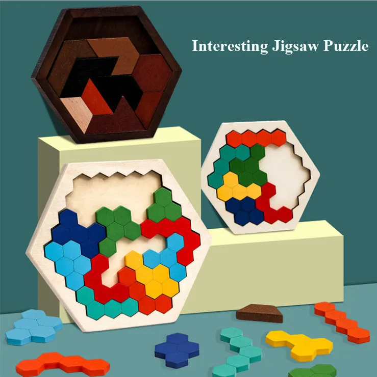 

Wooden Hexagon Puzzles for Kids Adults Shape Pattern Block Tangram Brain Teaser Toy Geometry Logic IQ Game STEM Montessori Toys