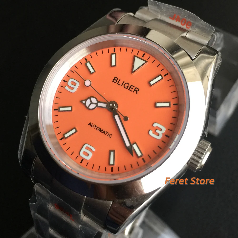 

BLIGER 36/39mm Polished Bezel Men Watch Sapphire Glass Luminous Orange Dial NH35 Miyota8215 Mingzhu2813 Movement Automatic Watch