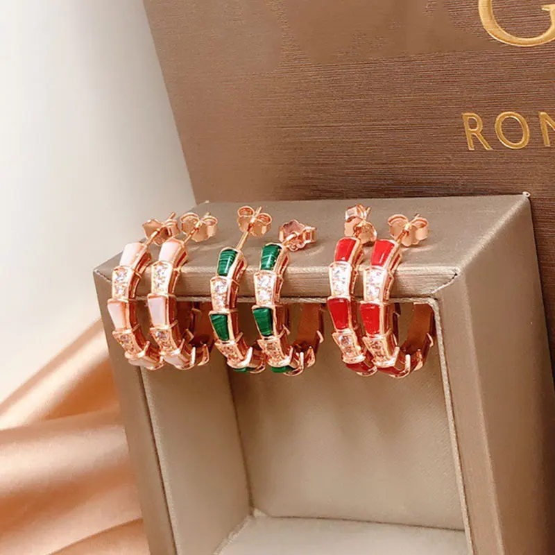 

Fine Jewelry1:1 LOGO High Quality Roman Rose Gold Color Shining Red Stone Snake Bone Ear studs Fashion Brand BVL Popular Woman