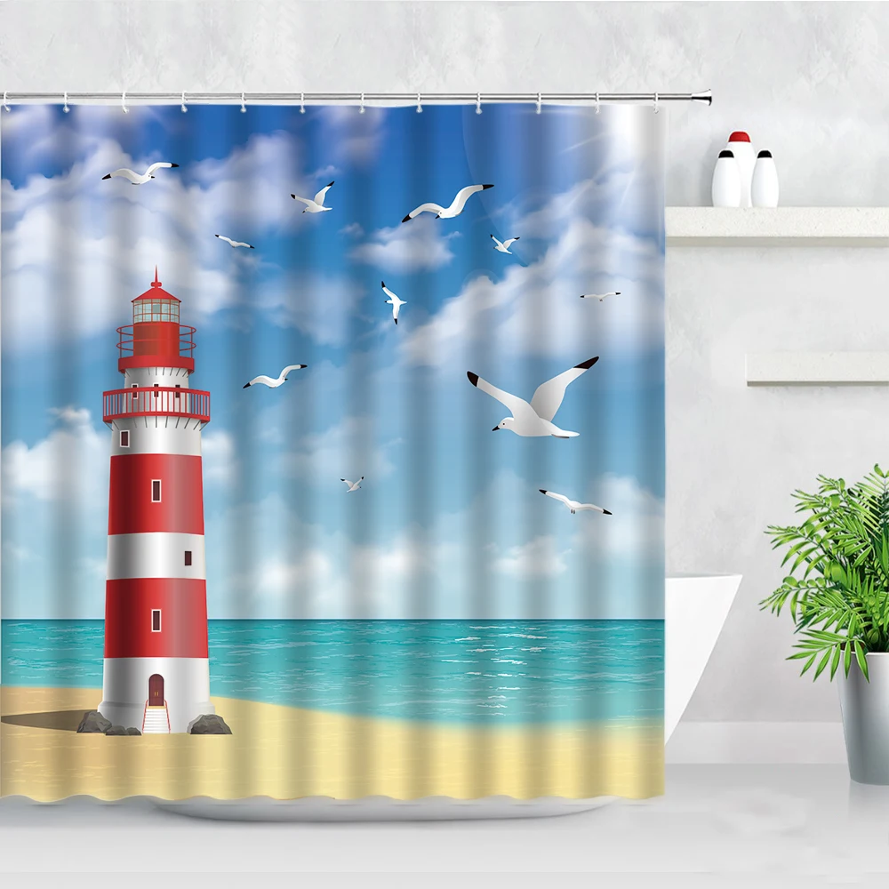 

Ocean Scenery Birds Beach Lighthouse Shower Curtains Children Bathroom Decor Screens Wall Hanging Cloth Waterproof Bath Curtain