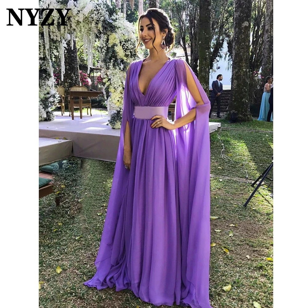 

NYZY E308 Elegant V-Neck Chiffon Cape Long Sleeves Purple Evening Dresses 2021 Wedding Guest Wear Party Formal Evening Gowns