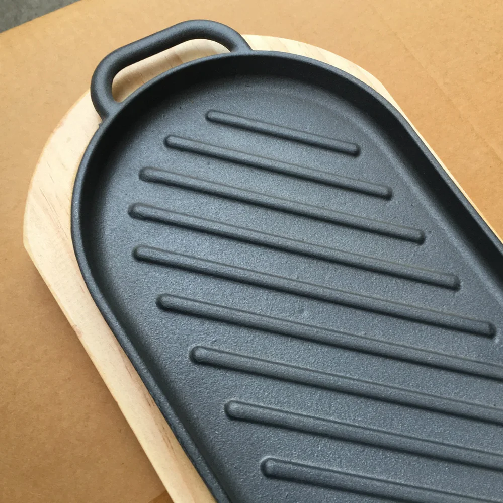 

Iron Steak Plate Steak Frying Pan Non-stick Cooking Grill Pan with Wooden Tray