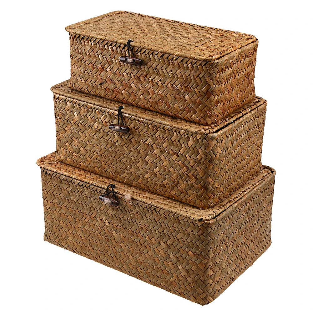 

Handmade Seagrass Woven Storage Box Seaweed Storage Finishing Basket with Lid Sundry Bath Cosmetic Towel Container Organizer