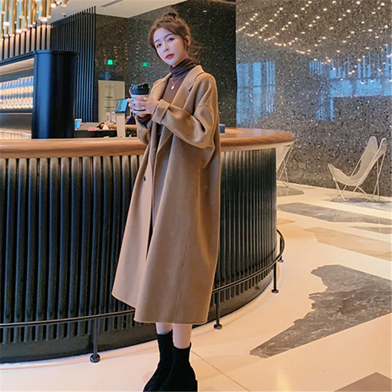 

Fashion Long Wool Blend Coat Women Femme Korean Loose Solid Woolen Jacket Double Breasted Warm Overcoat Ladies Clothes G625